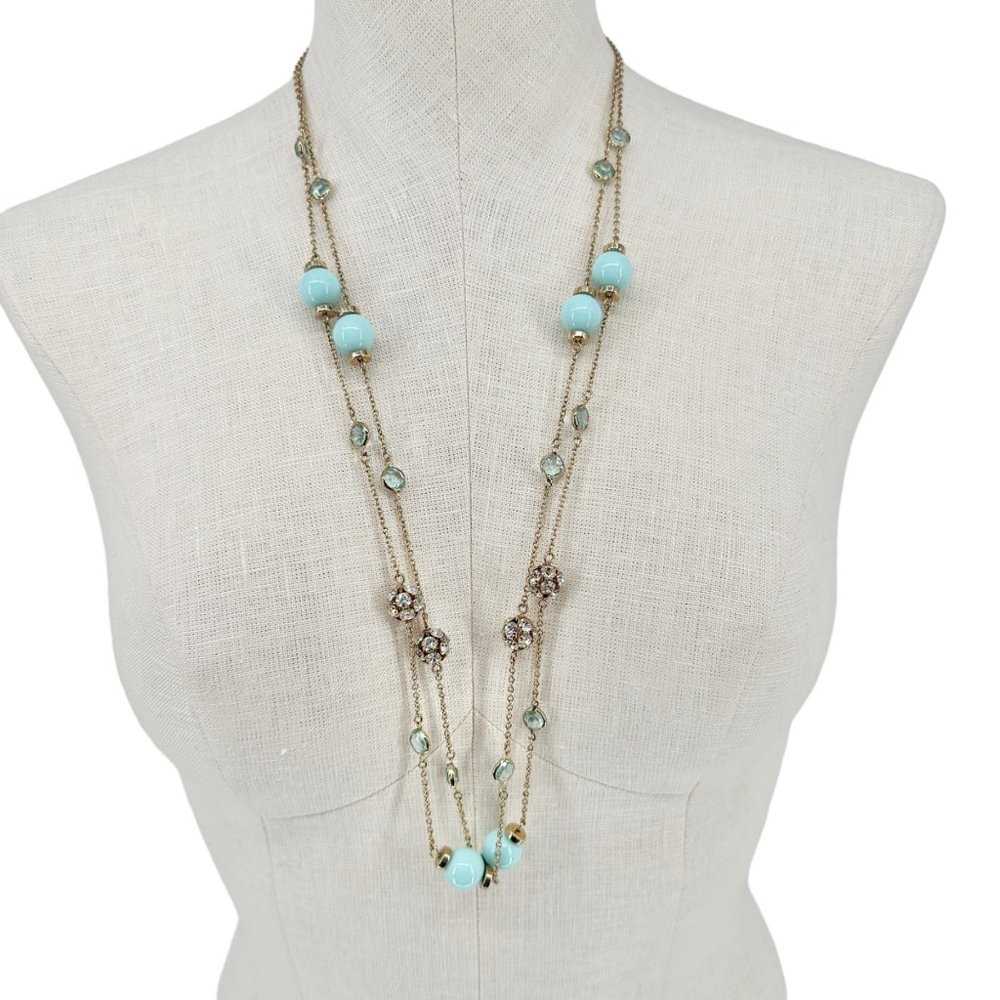 Pair of J. Crew Necklaces Identical Goldtone Chain Light Blue Beads and Gems